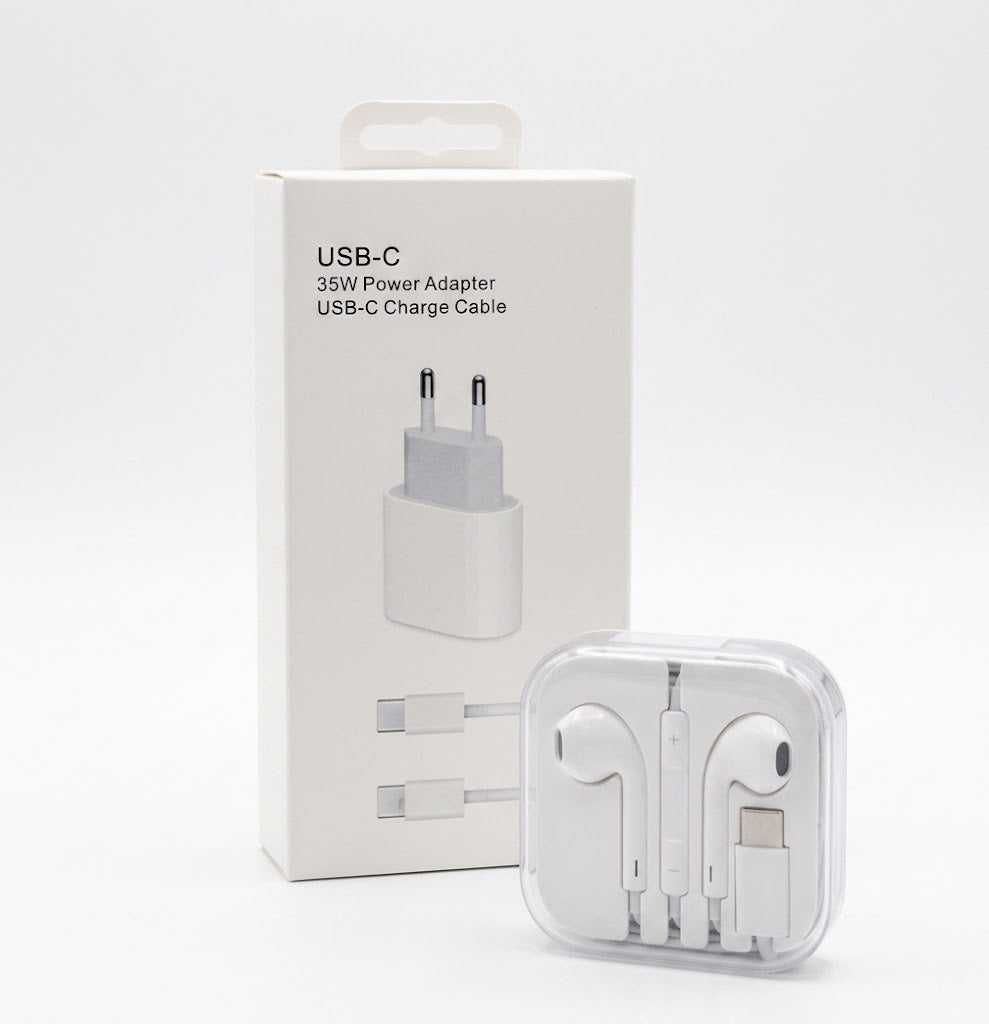 PACK - CARGADOR DE CARGA RÁPIDA 35W USB TIPO C CON CABLE + Auriculares USB-C In-ear Motomo Blanco Con Micrófono Tipo Earpod